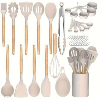 Imagem de Davnjcka Conjunto de utensílios de cozinha de silicone, utensílios de cozinha com cabo de madeira, colheres, espátulas, batedor, lavável na lava-louças (branco creme, conjunto de 33)