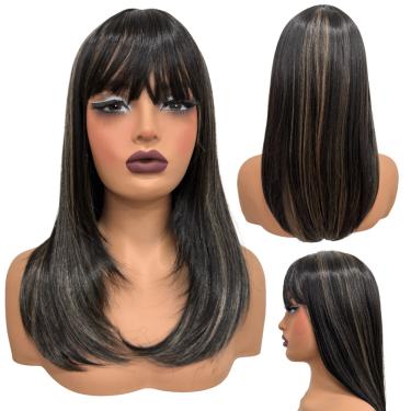 Imagem de Peruca lisa repicada com franja 45cm preto mechas H2/15S