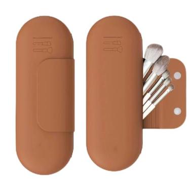 Imagem de Bolsa feminina para pincéis de maquiagem, mini bolsa para lápis de sobrancelha, antiqueda, fecho magnético, bolsas de viagem multifuncionais, Café, Bolsa cosmética feminina magnética forte