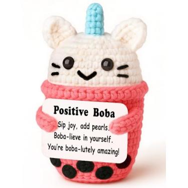 Imagem de Weming Positive Gift – Mini Crochet Boba Tea Plush with Message Card, Handmade 8–10cm, Pink Matcha, Kawaii Desk Decor, Year-Round Cheer