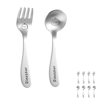 Imagem de Conjunto de colher e garfo de sobremesa de aço inoxidável – 2 mini utensílios para expresso, sorvete, sobremesa e mais disponíveis em dinossauros, pandas, coelhos, gatos e porcos (dinossauros)