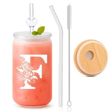 Imagem de DAMCONME Copos personalizados para mulheres – Copo de vidro monograma de 473 ml com tampa e canudo – Copos personalizados com nomes, presente de aniversário personalizado para ela, colega de trabalho