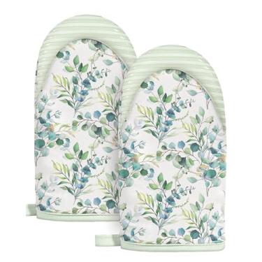 Imagem de Slohif Conjunto de mini luvas de forno – Luvas de cozinha curtas estendidas verdes resistentes ao calor para mulheres, luvas de forno 100% algodão com alças de silicone, antiderrapantes e duráveis