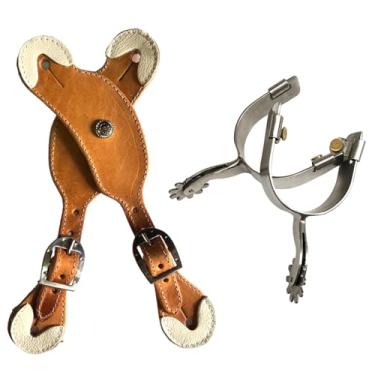 Imagem de Kit Espora Quarto De Milha Inox Com Par de Correia QM Luxo, Couro legítimo, Apliques Decorativos, Acabamento Com Ferragens INOX com alta durabilidade. (Natural)