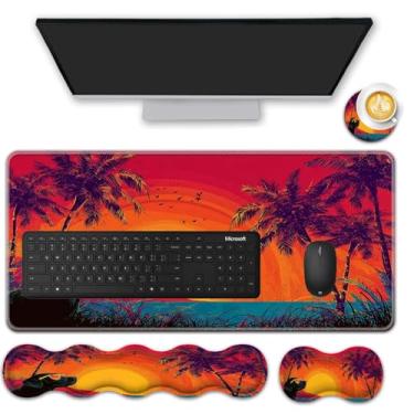 Imagem de FGDRFGRW Conjunto de mouse pad (31,5 × 11,8 cm) tapete de mesa + suporte de descanso de pulso para teclado + descanso de pulso para mouse + porta-copos para escritório, casa, computador, laptop - 4 lindos pôr do sol