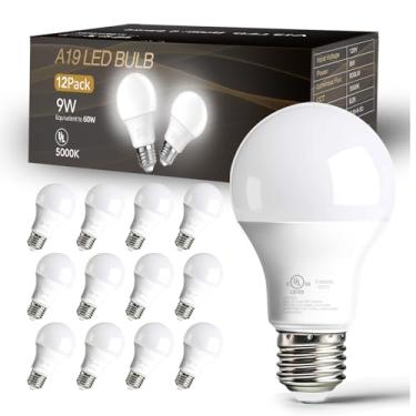 Imagem de dalattin Pacote com 12 lâmpadas LED A19, equivalente a 9W 60 Watts, base E26, branco de luz do dia 5000K, 800 LM, luzes eficientes de economia de energia para sala de estar, escritório, 80+ CRI, 120V