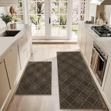 Imagem de COSY HOMEER Conjuntos de tapetes e tapetes de cozinha, 2 peças, tapetes de cozinha macios antiderrapantes para piso absorvente e resistente a manchas, tapetes xadrez laváveis para cozinha, 61 cm x 91
