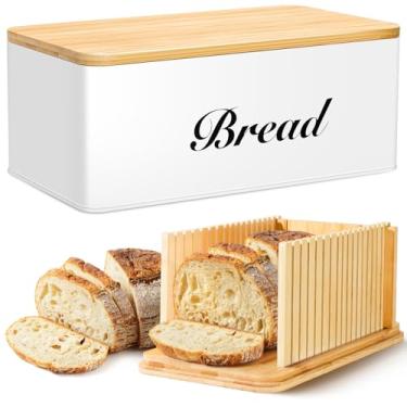 Imagem de RYTOXILO Fatiador de pão para pão caseiro com caixa, armazenamento de pão branco para bancada de cozinha com tampa de bambu 3 em 1, máquina de fatiar pão com guia de fatiar para sanduíche, massa