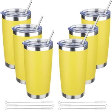 Imagem de YEBTS Life Copo de 590 ml com tampas e canudos, caneca de café de viagem com isolamento de aço inoxidável, copos isolados a vácuo de parede dupla, copo de café revestido em pó para bebidas frias e