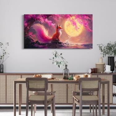 Imagem de Arte de parede em tela de raposa selvagem para sala de estar rosa flor de cerejeira lua noite pintura de parede imagem moderna animal vermelho japonês arte de parede de banheiro romântico para