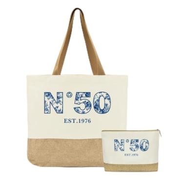 Imagem de Jeteman Presentes de aniversário de 50 anos para mulheres, bolsa de aniversário de 50 anos, presentes para amigas, irmãs, mães, avós, esposas, tias, reutilizáveis, azul, floral, 1976, sacola de