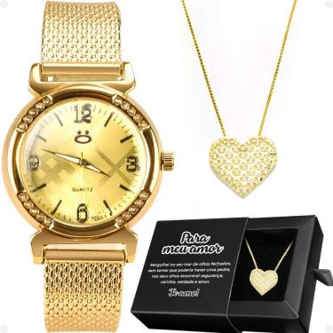 Imagem de Relogio Feminino Aço Dourado + Colar Coração Amor + Caixa Inoxidável Presente Social Moda Casual