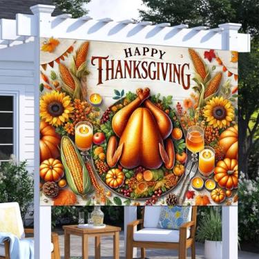 Imagem de BlissYard Faixa de fundo de Ação de Graças, 2,4 x 1,8 m, peru assado, jantar, abóboras, milho, girassóis, outono, colheita, fundo, para decoração de festa de outono e ambientes internos e externos