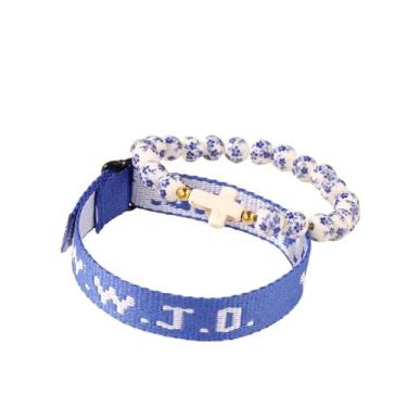 Imagem de HWJQ 2 peças de pulseira de contas cruzadas para mulheres pulseira de cerâmica de porcelana azul e branca WWJD pulseiras azuis de 8 mm contas O que Jesus faria pulseiras joias religiosas, Middle