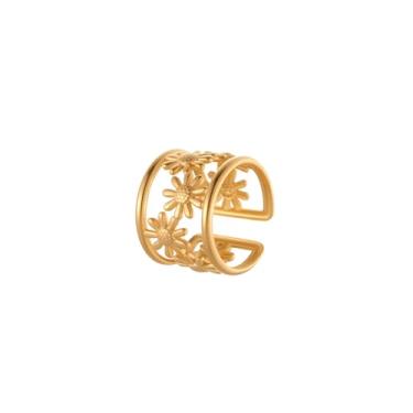 Imagem de Anel de dedo feminino de aço inoxidável ajustável com flores banhadas a ouro 18 quilates com flores florais com declarações largas de compromisso, noivado e casamento, joias modernas para mãe