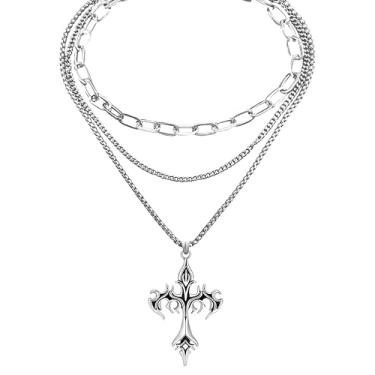 Imagem de PLKDJDM 2 peças de colar de camada dupla emo colar longo gótico com pingente de cruz delicados empilháveis emo grunge acessórios para mulheres e homens como uma joia de Natal Halloween Páscoa