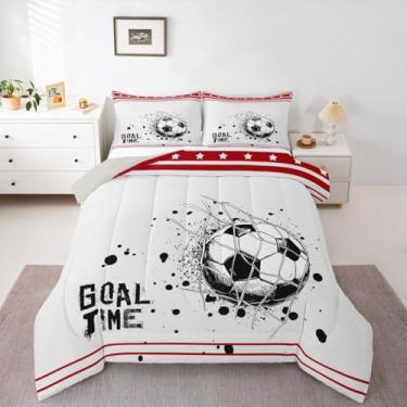 Imagem de Erosebridal Conjunto de edredom para meninos, futebol, cidade, tamanho casal, com gol de futebol, jogos, estrelas, listrado, geométrico, colmeia para crianças, adolescentes, homens, vermelho, branco