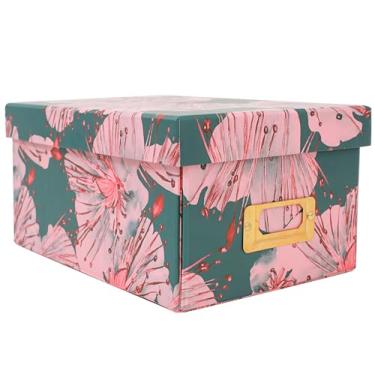 Imagem de MIZFRUZZY Caixa de armazenamento decorativa com tampa, dobrável, floral verde rosa, moldura de etiqueta de metal, vintage, caixa de lembrança de papelão de papelão, armazenamento de fotos para memória