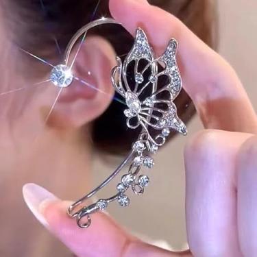 Imagem de Brincos de orelha de borboleta de metal prateado sem piercing para mulheres brincos de zircônia cintilante para casamento, 6.5*4cm, Metal, Sem pedra preciosa