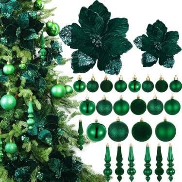 Imagem de Janinka Conjunto de 36 decorações de árvore de Natal de veludo com 12 peças, poinsétias, flor de magnólia com glitter artificial e 24 peças de enfeites de bola de Natal para decoração de Natal, festa
