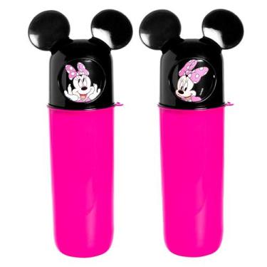 Imagem de Kit 2 Tubo Giratório Infantil Minnie p/ Pasta Itens Higiene Rosa - Pla