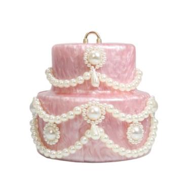 Imagem de XNSYMJD Bolsa de mão de acrílico em forma de bolo, com pérolas, bolsa de noite, mini bolsa clutch para casamento, coquetel, formatura, rosa, 4.72"L x 4.72"W x 4.33"H (12*12*12cm)