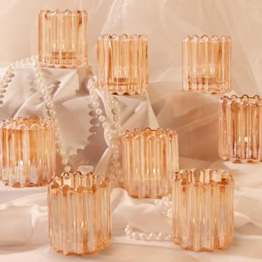 Imagem de Castiçal votivo dourado de vidro com 10 peças - castiçais votivos canelados, suporte de vela para centro de mesa de casamento, decoração de mesa de jantar