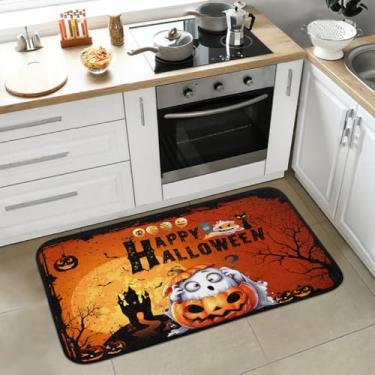 Imagem de Halloween Ghosts Tapete de cozinha laranja antiderrapante lavável tapete de cozinha macio absorvente tapetes de boas-vindas para interior, entrada, piso, pia, banheiro, lavanderia, decoração de