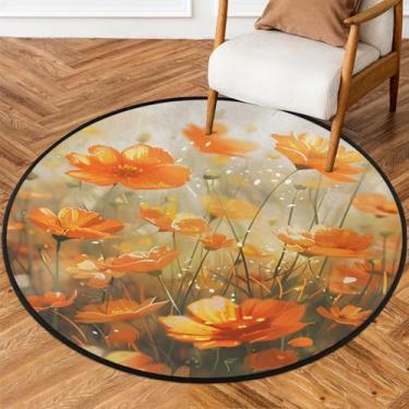 Imagem de Tapete redondo de 1,5 m de flor, moderno, laranja, macio, tapete de porta circular antiderrapante, lavável, para quarto, berçário, sala de estar, cozinha, banheiro, entrada, decoração de casa