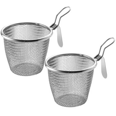 Imagem de 2 peças de cesta de filtro de malha de aço inoxidável, cesta suspensa lateral com alça para macarrão, macarrão, bolinho de massa, almôndega, panela quente, restaurante e uso doméstico, prata
