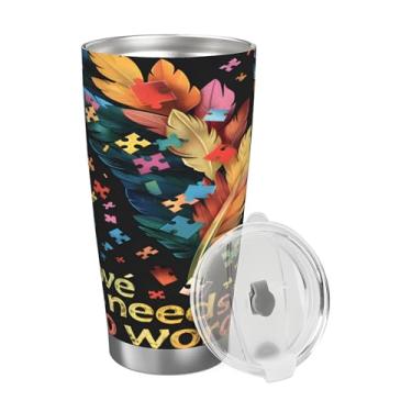 Imagem de hongjinglin Copo térmico de aço inoxidável de 590 ml, cor de pena de autismo, com tampa, copo reutilizável de viagem, copo de café, copos de água para bebidas frias e quentes, presentes para mulheres