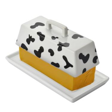 Imagem de Manteiga grande com tampa para bancada, recipiente de manteiga de cerâmica de vaca com tampa, suporte de manteiga para balcão de cozinha ou geladeira, armazenamento de suporte de manteiga, decoração