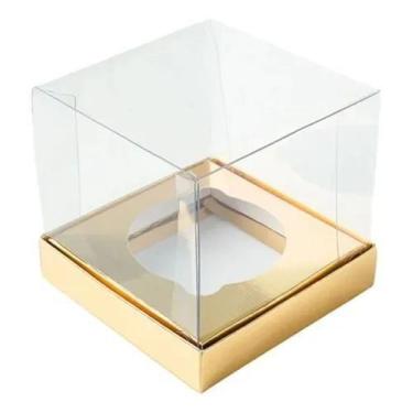 Imagem de Caixa para Mini Bolo Panetone Tampa Transparente Dourado 8x8 - 70un - 