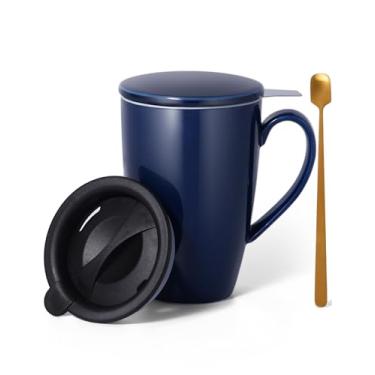 Imagem de SISETOP Caneca de chá grande de 500 ml com infusor e tampa, coador de chá de cerâmica com colher para folhas soltas, homem, mulheres, Natal, presente, azul