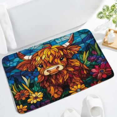 Imagem de Lindo tapete de banho de vaca Highland vitral colorido floral rústico casa de fazenda touro animal de fazenda ocidental folhas de flores abstratas tapete de banheiro moderno tapete de chão