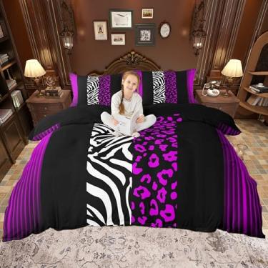 Imagem de Castle Fairy Conjunto de cama queen de zebra e leopardo, estampa de animais selvagens, roxo e preto, linhas abstratas, decoração de quarto, capa de edredom macia com 2 fronhas (edredom não incluído)