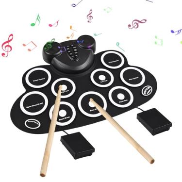 Imagem de Bateria Elétrica Hand Roll Drum Kit com Baquetas Pedal de Pé 9 Pads Alto-Falante Duplo Recarregável MIDI Gaming Practice Pad Feriado Aniversário