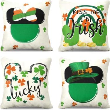 Imagem de LUVIVIHOME Capas de travesseiro de Dia de São Patrício, capas de almofada decorativas, arco-íris irlandês de desenho animado laranja da sorte trevo verde trevo capa para sofá decoração de casa ao ar