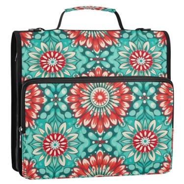Imagem de Wassud Fichário mandala vermelho e azul-petróleo com zíper 3 anéis com alça de ombro e alça vários bolsos expansível organizador de pasta de arquivo