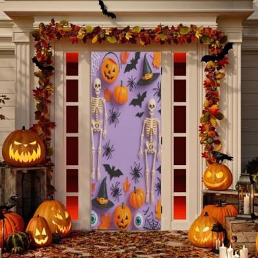 Imagem de Wassud Decoração de capa de porta de esqueletos de Halloween banner interno externo decoração de casa de varanda grande decoração de porta da frente 81 x 189 cm