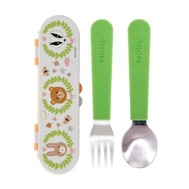 Imagem de Nuby Utensílios infantis de aço inoxidável com estojo de viagem – Conjunto de garfo e colher de fácil aderência para alimentação automática, bordas arredondadas seguras, aço inoxidável durável