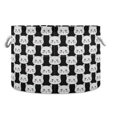 Imagem de Burbuja Cesta de armazenamento redonda com rostos de gato branco com alças de corda de algodão, cesta de lavanderia para cobertores, brinquedos, berçário, decoração de sala de estar
