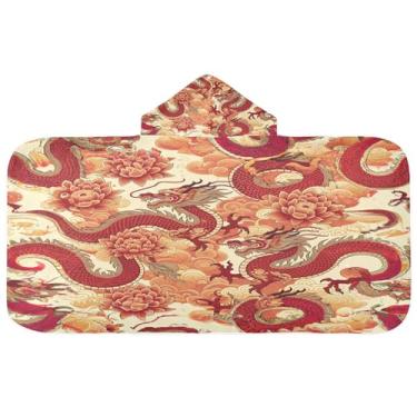 Imagem de Burbuja Toalha de banho com capuz de crisântemo dragões para crianças, toalha de praia de pelúcia macia absorvente para meninas e meninos 3-10 anos, 61 x 127 cm
