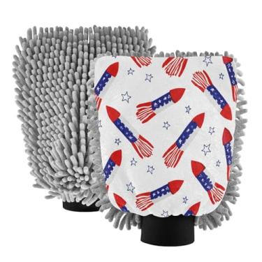 Imagem de STAYTOP Luvas de lavagem de carro de foguete Dia da Independência, 2 peças, luvas de microfibra de chenille, sem arranhões, panos de esponja de lavagem ultra absorventes para carros, limpeza doméstica