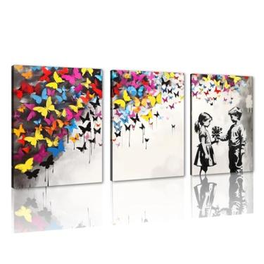 Imagem de Novatique Banksy arte de parede em tela para quarto rua grafite arte de parede colorida pintura borboleta impressão em tela pop art decoração de parede para sala de estar escritório, 30,5 cm x 40,6 cm