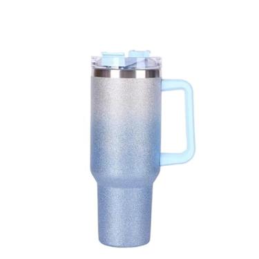 Imagem de Copo garrafa Térmica Inox 1200ml Parede Dupla Glitter tampa Canudo Premium Cor Degrade(Azul)