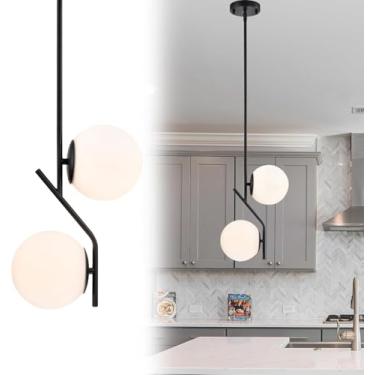 Imagem de Lustre de ilha de cozinha E14 dourado, luminária pendente de cabeceira com esfera de vidro branco leitoso, estilo moderno de meados do século XX, ideal para sala de jantar, quarto e sala de