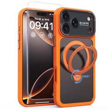 Imagem de FEWGEY Capa magnética para iPhone 17 Pro com protetor de tela, suporte de anel magnético giratório 360 [proteção da câmera] [grau militar] capa de telefone fosca translúcida à prova de choque, laranja
