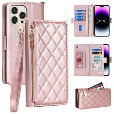 Imagem de Jaorty Capa carteira flip compatível com iPhone 14 Pro Max para Apple 14 Pro Max rosa couro PU, losango para mulheres e homens, bolso com zíper, suporte, alça de pulso, porta-cartão, 17 cm