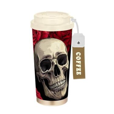 Imagem de TSENQUE Caneca de café de viagem 16+ Oz, copo de café com revestimento cerâmico com canudo e tampa, copo isolado a vácuo de aço inoxidável, caveiras vermelhas vintage rosas pretas